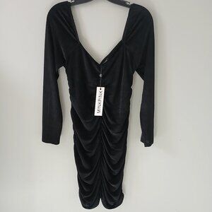 MinkPink Dress Ruched Chaima Mini Dress Black Long Sleeve Size Large NWT‎